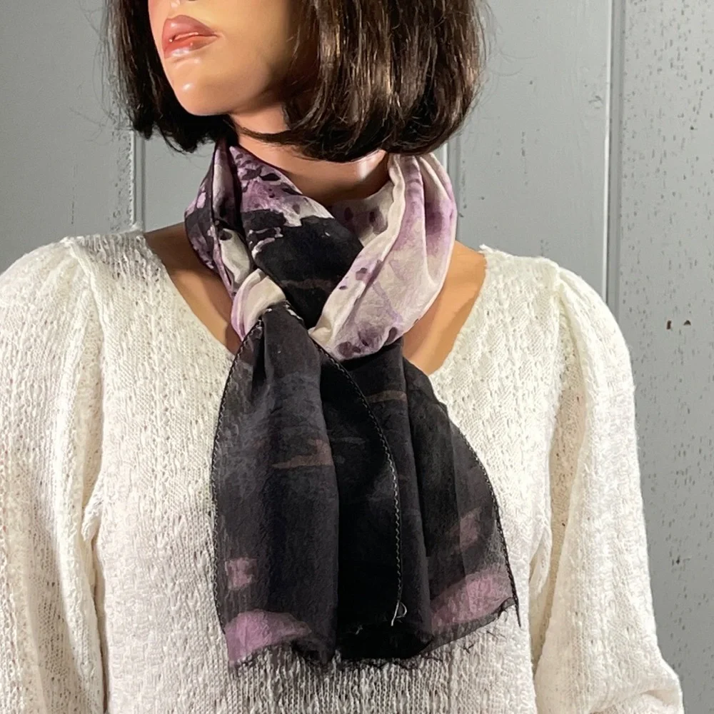 Talbots Women’s Black & Purple 100% Silk Scarf